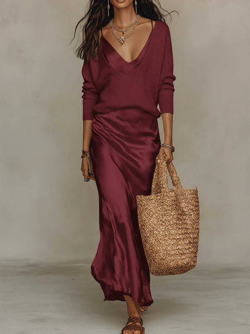 Helene | Satin midi kjole med medfølgende sweater