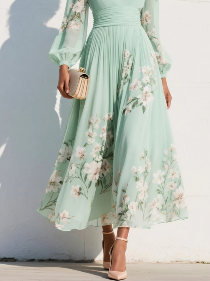 Mathilda | Lysegrøn blomstret chiffon midi kjole