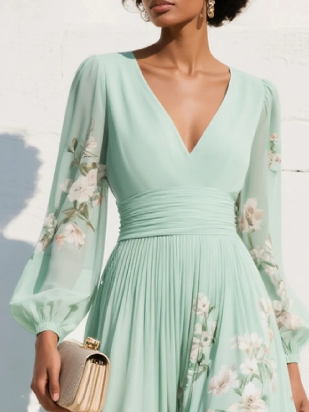 Mathilda | Lysegrøn blomstret chiffon midi kjole