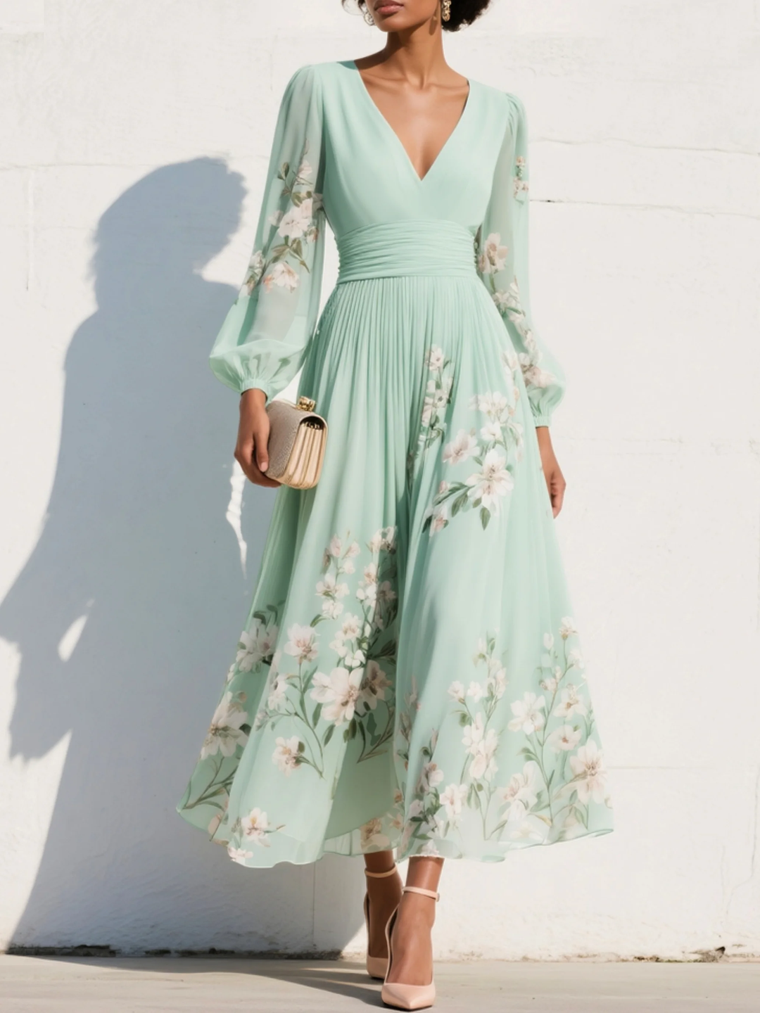 Mathilda | Lysegrøn blomstret chiffon midi kjole